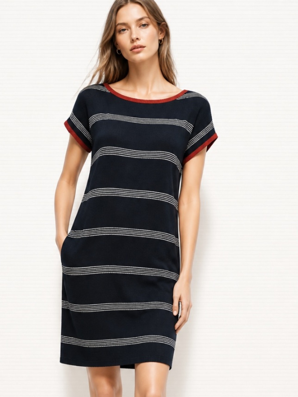 KNITTED DOVE Dress Tunic Striped Nautical Shift Knit Coastal